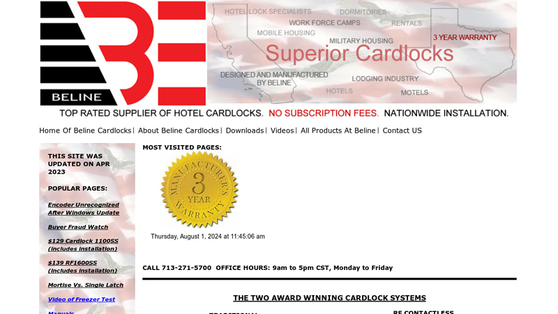 Home page for www.belinelocks.com offers keyless entry hotel access control system card readers electronic lock magnetic locks for hotel education military vacation rental government corporate resort fingerprint entry systems cctv dvr