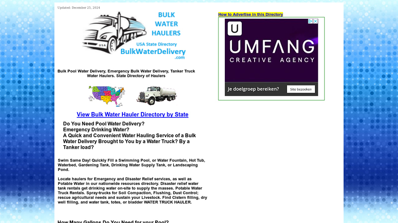USA State Directory of Bulk Water Haulers. Pool Water Delivery near me. Tenders, Emergency Drinking Supplies, Potable Water. Disaster Relief Services. Soil compaction and dust control. Fire Suppression. Cistern filling, Level checker, level monitoring ser