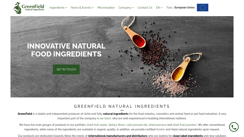 GreenField - Innovative natural ingredients for food industry, cosmetics industry, pharmaceutical industry, feed and animal health industry; Become client or distributor of natural GreenField ingredients