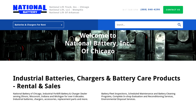 Industrial Batteries, Chargers for Forklift, Scissor Lift, Boom Lift, National Battery, Industrial Forklift Battery & Charger Dealer in Chicago - used forklift batteries, new forklift batteries, battery chargers, for sale, new and used industrial batteries and chargers, battery, charger, industrial, chicagoland, chicago, battery-powered equipment, industrial batteries, chargers, accessories, replacement parts, Watering Kits, Regulators, Roller Stands, Battery Beams, Transfer Carts, Replacement Parts, Battery Fleet Inspections, Battery Environmental Disposal Services, Battery Scheduled Maintenance and Battery Cleaning Programs