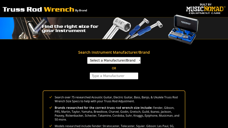 Truss Rod Wrench Size by Guitar Brand - Truss Rod Wrench Finder by Guitar Brand built by Music Nomad